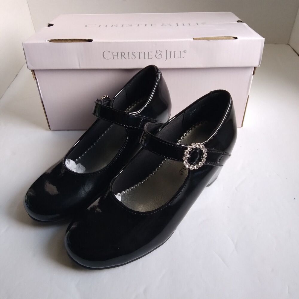 Christy Jill Shoe Girl Size 12 Medium Wedge Dress CJ Heart Rhinestones JCP Black